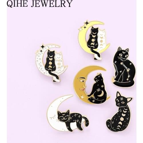 Black Witch Cat Punk Enamel Pin Moon Cats Brooches Clothes Lapel Pins for Backpacks Gothic Badge Friends Jewelry Gift Wholesale