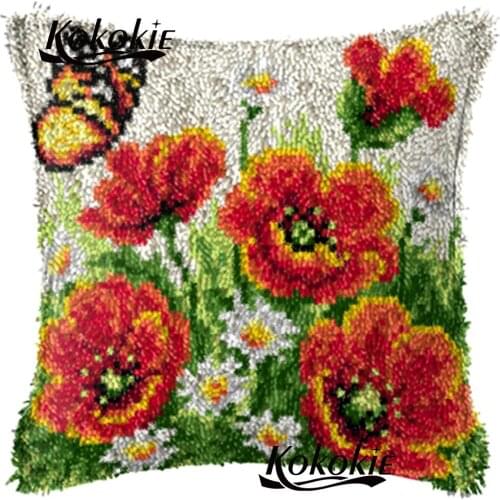 DIY rug carpet printed Needlework crocheting Throw Pillow Unfinished Yarn Embroidery Pillowcase Latch Hook flower Cushion Kits