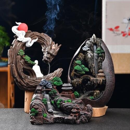 Smoke Waterfall Backflow Incense Burner Creative Home Decor Incense Holder Portable Resin Censer Mountain River Handicraft +Gift
