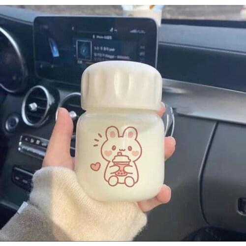 Mini Glass Water Bottle Korean Cartoon Pattern Cup Cute Rabbit Mugs Portable Leakproof Cups Gift for Girls Student Coffee Mug