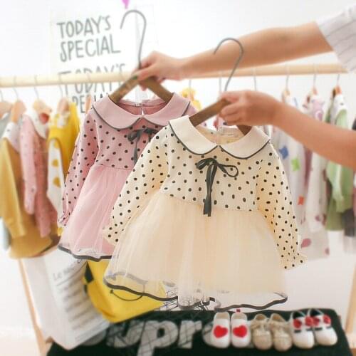 Sweet Girls Dress Sweet Dot Pattern Long-sleeve baby Dress Lovely Mesh Stitching Bow Decoration Dress