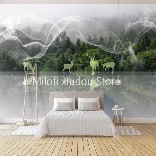 Milofi custom 3D wallpaper mural Nordic modern fresh forest elk abstract cloud and fog living room bedroom view wall decoration