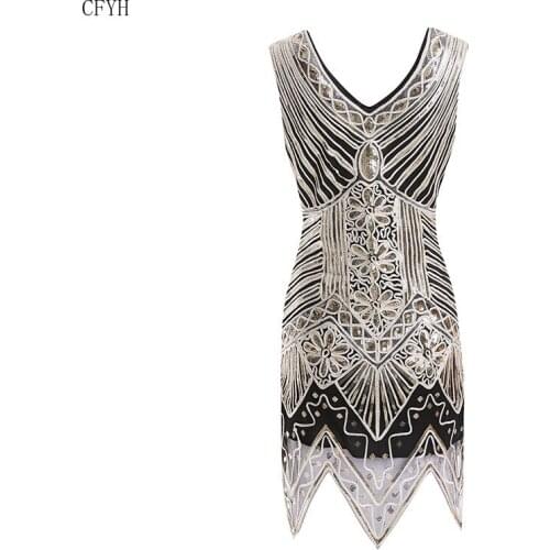 1920s Great Gatsby Dress Glitter Woman V Neck Roaring paillette Dresses Retro Sequin Flapper Black Party Mini Dress Vestido