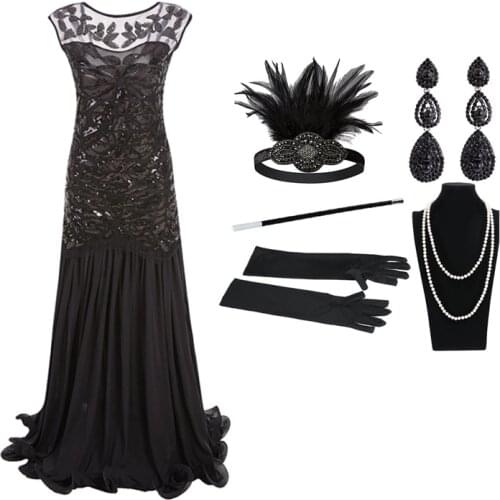 Party dress annual dinner long gown 1920 vintage sequined pebblework mesh lotus leaf dress and headpiece gloves earring five-pie