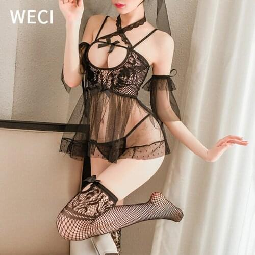 WECI Women Beautiful Bride Wedding Mini Fishnet Dress Sexy Hot Role Play Bridal Angel Costume For Sex Night Sexiest Lingerie Set