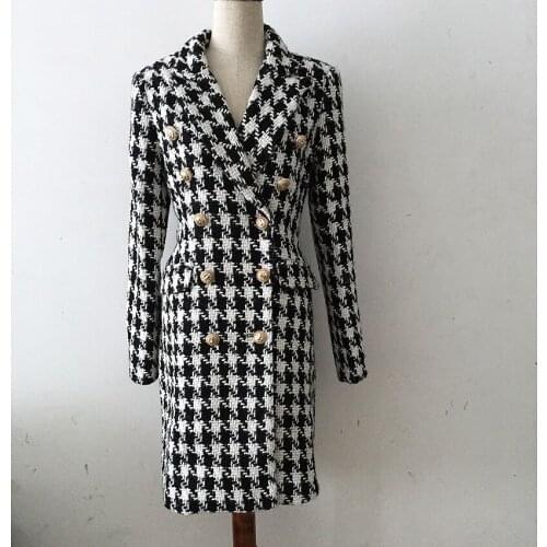 Free Shipping 2021 Autumn And Winter New Arrival Long Tweed Jackets Women Double Breasted Houndstooth Jacket Elegant Lady