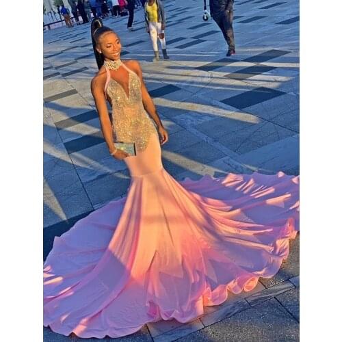 Blush Pink Prom Dresses Mermaid Halter Beaded Backless Long Prom Gown Evening Dresses Robe De Soiree