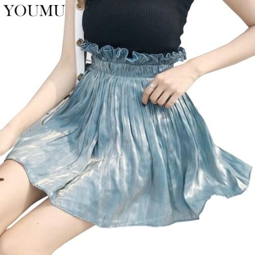 Women Office Lady Ball Gown Skirt Solid Empire Waist Glossy Ruffles Mini Skirt Sweet Shimmery Satin Summer Fashion 200-A860