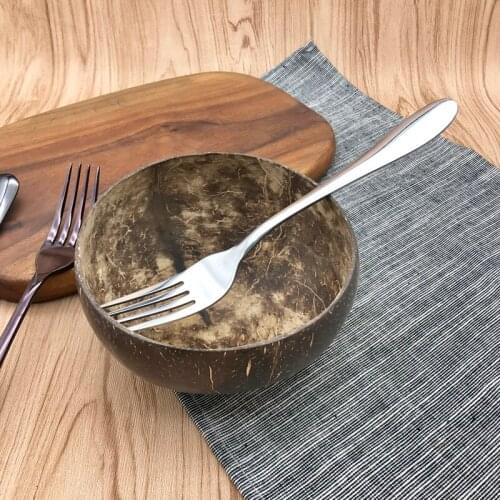 2/3/4 Set Natural Coconut bowl Salad Noodle Rice Bowl Stainless steel fork spoon 4.5inch Kitchen Tableware Bowl antiskid aprons