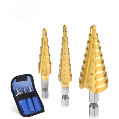 3Pcs/set 3-12mm 4-12mm 4-20mm HSS Straight Groove Step Drill Bit Titanium Coated Wood Metal Hole Cutter Core Drilling Tools Set
