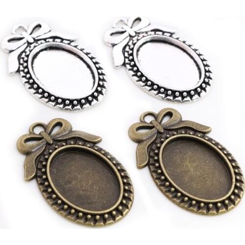 5pcs 18x25mm Inner Size Antique Silver Bronze Bow Style Cameo Cabochon Base Setting Charms Pendant necklace findings
