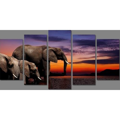 5 Pcs/Set Landscape Decoration Animal Elephants Wall Art Picture Dusk Canvas Painting Living Room Home Decor Unframed