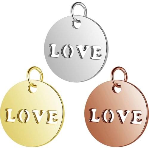 5pcs/lot 12mm Stainless Steel LOVE Round Pendant Bracelet Charms DIY Crafting Jewelry Making Handicraft Accessories Wholesale