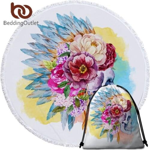 BeddingOutlet Colorful Skull Round Beach Towel Floral Tassel Tapestry Watercolor Flower Yoga Mat Gothic Toalla Blanket 150cm