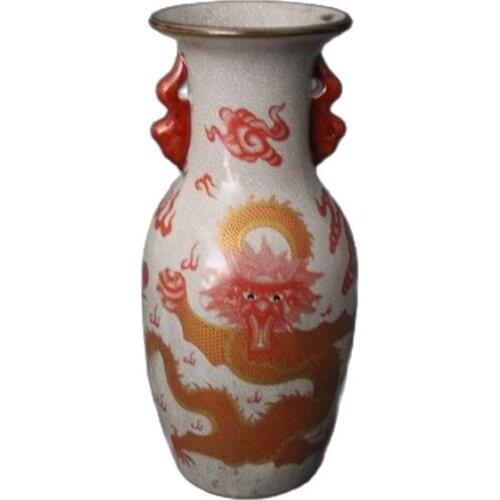 Chinese old porcelain Crack Glazed Dragon pattern Picture Binaural Vase