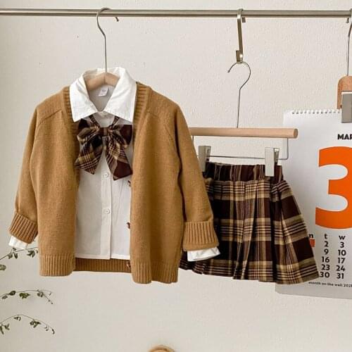 Kids Sets New Autumn Baby Girls Elementary School Uniform Style Shirt + Pleated Skirt Suit Children Long Sleeve Cardigan Sweater
