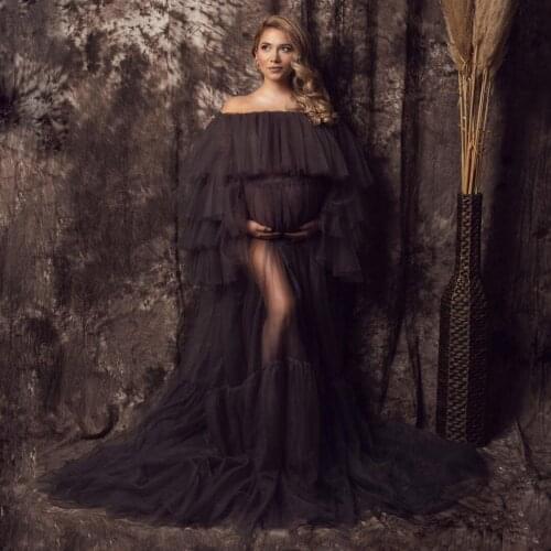 Elegant Tulle Maternity Dress for Photoshoot or Babyshower Off Shoulder Sheer Ruffled Tulle Long Bridal Robes Dressing Gowns