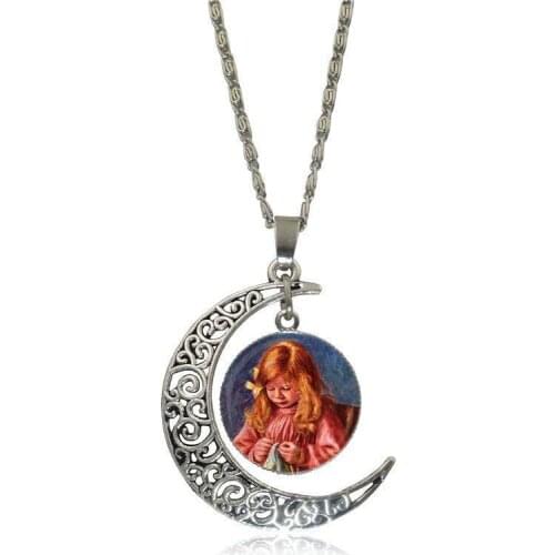 EJ Glaze Renoir For Women Girls Fashion Glass Cabochon Moon Pendant Necklace Choker Necklace Jewelry
