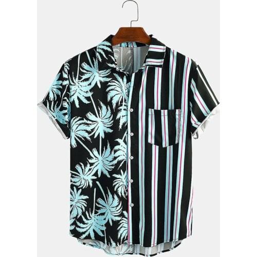 Hawaiian Dress Men Striped Shirt Button Up Chest Pockets Loose Short Sleeve Men Shirts 2021 Stylish Camisa Masculina