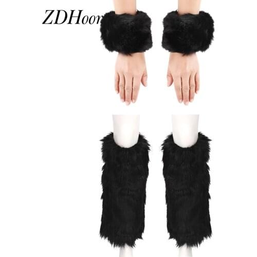 Women Girls Winter Wrist Legs Warmer Cute Faux Fur Furry Leg Warmers with Cuffs Carnival Party Naughty Cosplay Costume Accessory