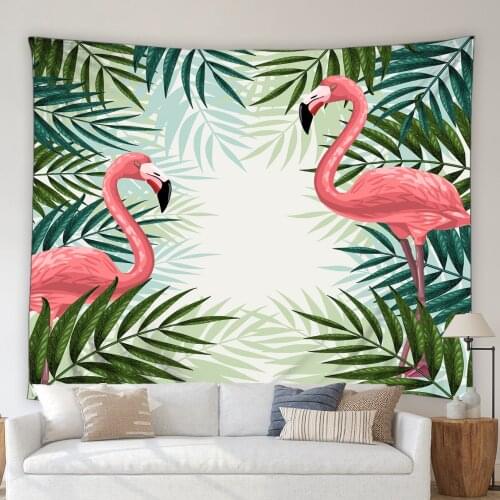 Flamingo Tapestry Tropical Green Plant Monstera Palm Leaves Living Room Background Decor Cloth Dormitory Bedroom Bedside Blanket