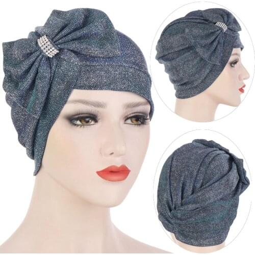 2021 Fashion Turban Hat for Ladies Glitter Bow-tie Female Head Wraps Muslim Headscarf Bonnet Islamic Headwear Turbante Mujer