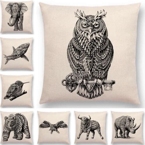 Hot Sale Ornate Brav Animals Totems Free Beast Faith Tattoo Prints Cushion Cover Sofa Throw Pillow Case Owl Elephant Shark Bear
