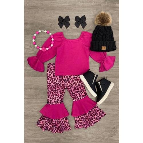 2-7Y Fashion Children Baby Girls Clothes Set Solid Long Sleeve Pullover Tops+Leopard Flare Pants 2pcs Autumn Outfit