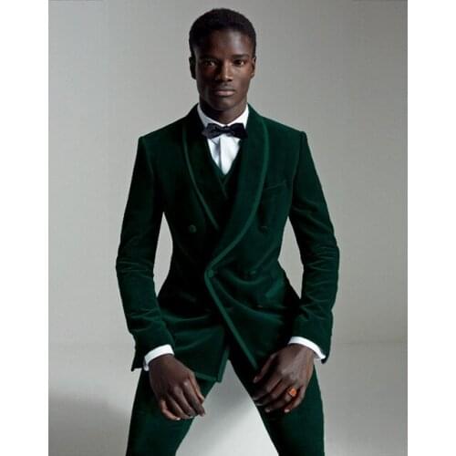 Green Velvet Mens Dinner Party Prom Casual Suit (Jacket+Pant+Vest+Tie) Groom Tuxedos Groomsmen Wedding Blazer Suits For Men