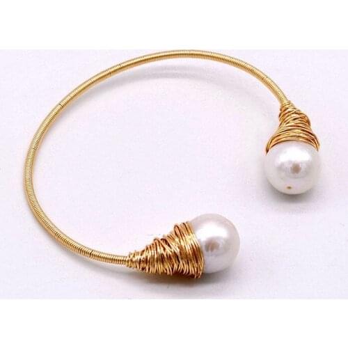Design pearl bracelet. Natural white freshwater pearl. Designer works. Golden tinsel. Handmade. Womens Open Bracelet