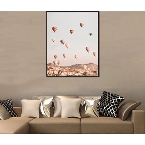 Landscape Oil Painting On Canvas Wall Art Hot Air Balloons Take Off From The Mountain Sky In A Modern Style Background Decor