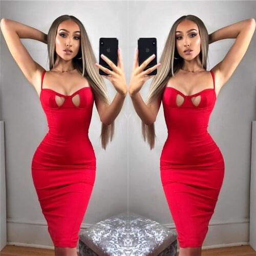 Women Sexy Hollow Out Red Bodycon Dress Summer Sleeveless Bodycon Midi Dress Vintage Spaghetti Strap Elegant Lady Party Dresses