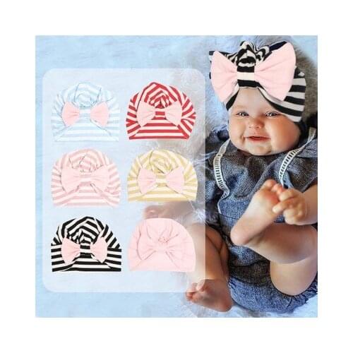Newborn Baby Girls Striped Headband Headwear Toddler Soft Beanie Hat with Bow Cotton Beanie Striped Cap Toddler Accessories