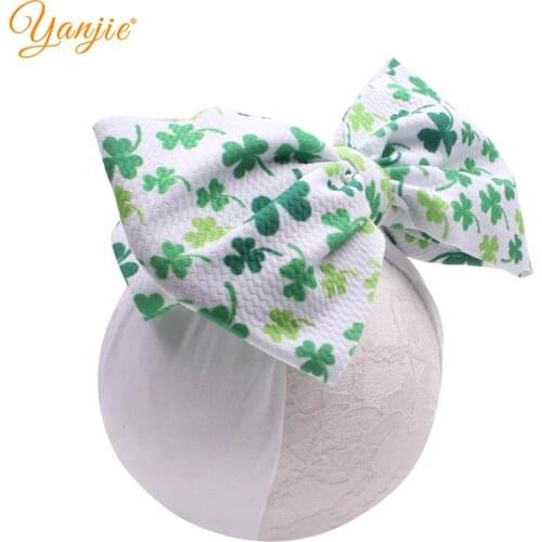 7'' Clover Printed Big Waffle Fabric Hair Bow Elastic Nylon Headband For Girls Knot Bow Turban Headwrap Kids Hair Accessories