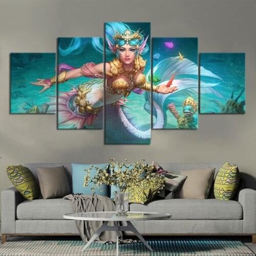 Modern Canvas Painting HD Art Print 5 Pieces SMITE Video Game Poster Figure Mermaid Home Decor Hall Wall Framed Modular Pictures