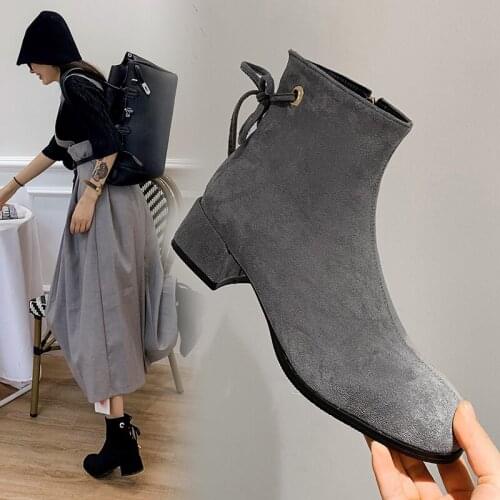 Women Ankle Boots 2020 Black Gray Flock Winter Fashion Med High Heel Boots zip Ladies Round Toe Women Shoes Botas Zapatos Mujer