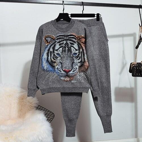 Black White Gray Knit Tracksuits Women Set Loose Casual Beading Sequins Tiger Pullover Sweater Pencil Pants 2pc Outfits Female