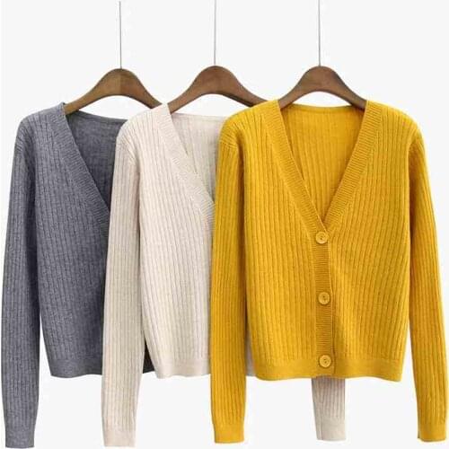 Cotton Knitted Short Cardigan Women Sweater 2020 Autumn Winter Clothes Jumper Pull Femme Hiver Casual Streetwear V-Neck Cardigan
