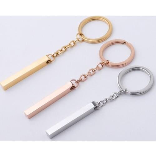 100% Stainless Steel Bar Charm Keychain Blank For Engrave Rose Gold/Gold Metal rectangle Tag Key Chain Mirror Polished 10pcs