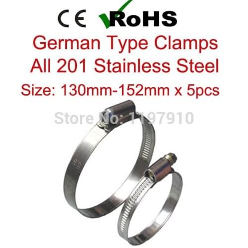 130mm-152mm x 5pcs German Type Worm Drive Quick Release Hose Clamp All 201 Stainless Steel Pipe Clips