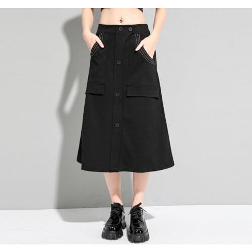 2021 New cool casual White line solid dress mid waist fashion summer slim black Hip hop locomotive women a-line skirt Korean