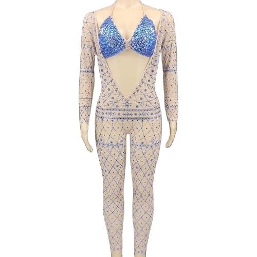 Shining Rhinestone Bra Print Women Mesh Perspective Jumpsuits Halter Two-Piece Set Dance Stage Wear Nightclub Outfits