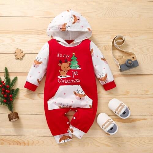 Christmas Newborn Baby Babysuit Girl Boy Jumpsuit Cloth Hooded Long Sleeve Romper 6 9 18 Month Split Open-seat Pants Open Crotch