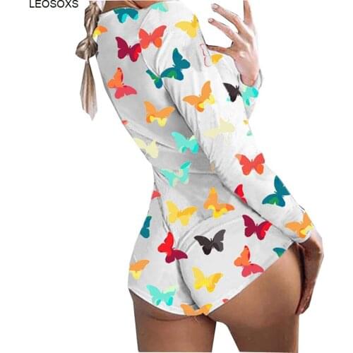 Womens 2021 New Printed Slim Sexy One-piece Pajamas Long-sleeved Printed Deep V Shorts Pajamas Piece Pajamas