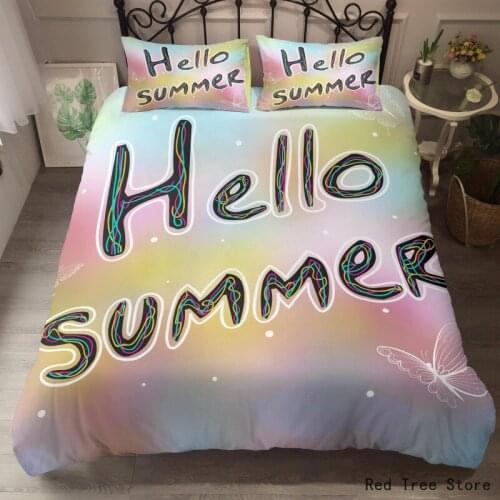 Pink Hello Summer 3d Print Cartoon Bedding Set with Letters Duvet Cover 2/3pcs with Pillowcase No Sheet Single Double Queen Size