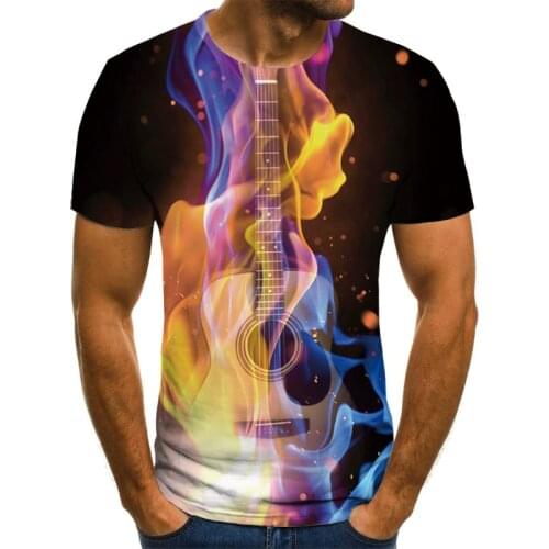 Mens and womens childrens clothing 3D printing short-sleeved music symbol flame guitar pattern 3D printing hip-hop style