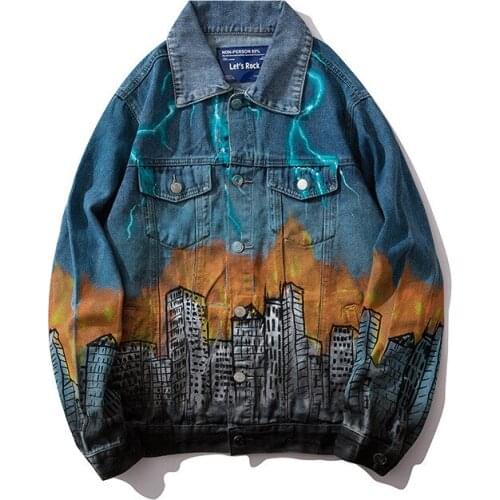 New fashion hip hop denim jacket printed ripped jacket mens streetwear