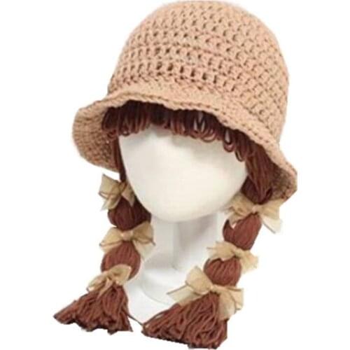 Autumn Winter Handmade Knitted Baby Girls Wig Bowknot Hat Newborn Wigs Brades Kids Ear Protection Crochet Cap with Plaits G99C