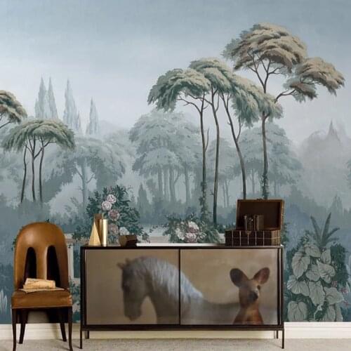 Custom 3D Wallpaper Retro Tropical Jungle Hand Painted European Garden Tree Photo Mural Restaurant Background Wall Decor Sticker