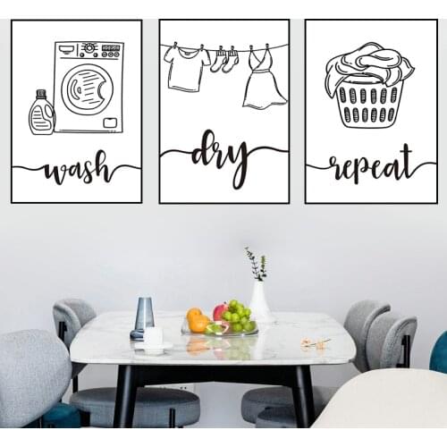 Dry Wash Repeat Fold Laundry Room Nordic Poster Wall Art Print Black White Picture Bathroom Poster Quote Canvas Painting